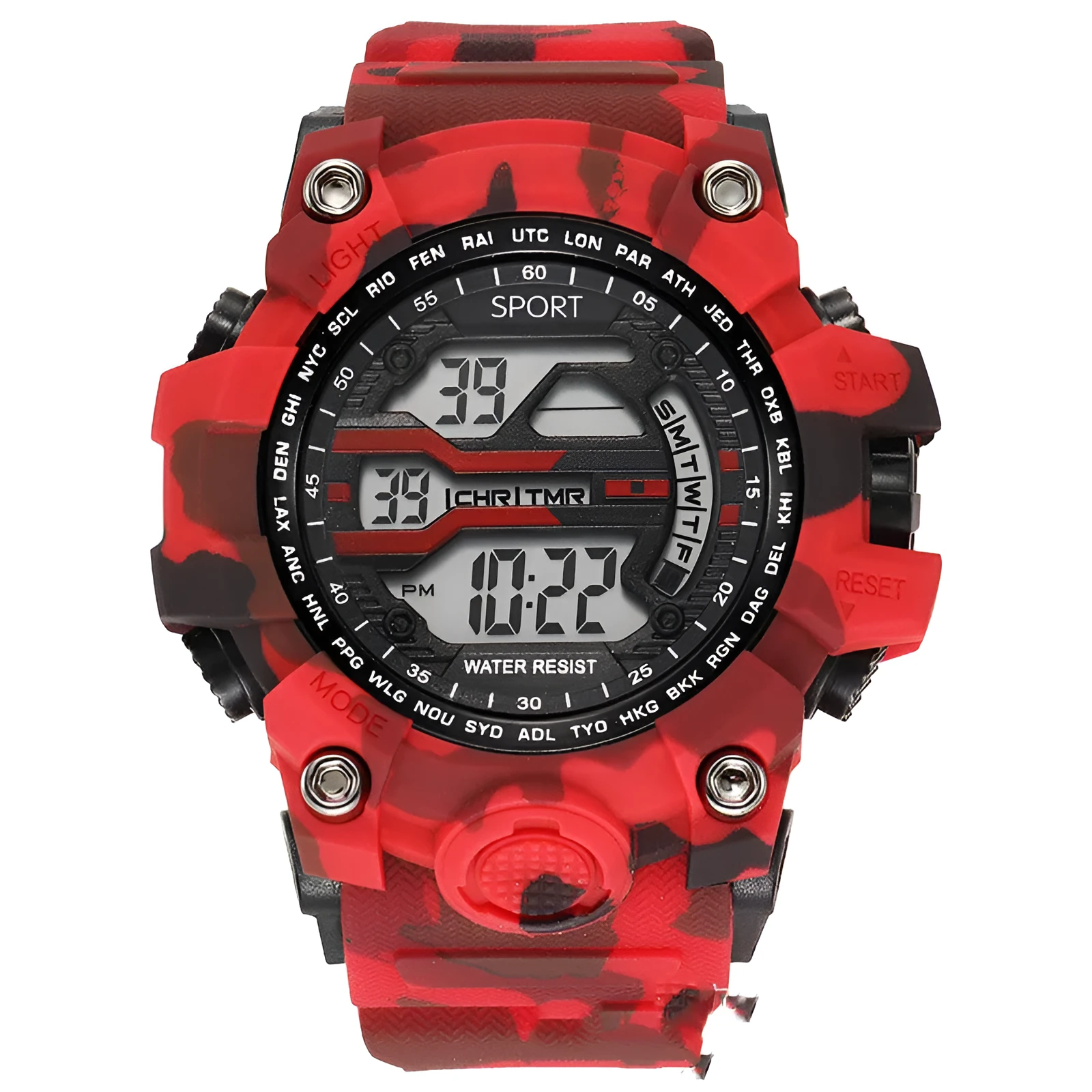 Men's sports watch with large dial, waterproof to 10m, digital display, available in blue