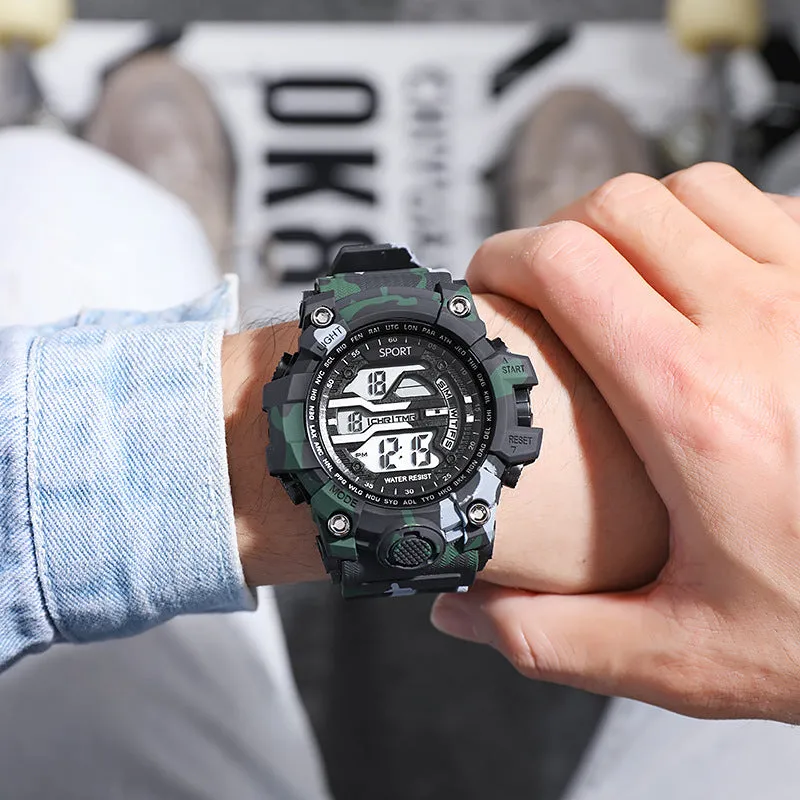 Men's sports watch with large dial, waterproof to 10m, digital display, available in blue