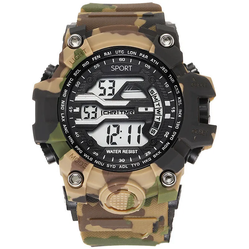 Men's sports watch with large dial, waterproof to 10m, digital display, available in blue