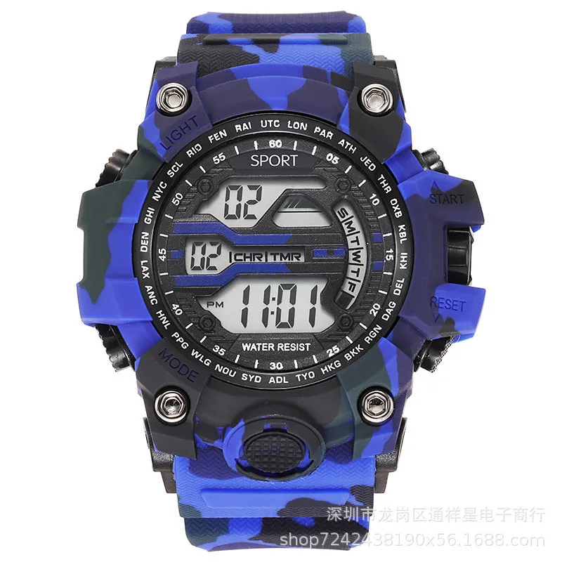 Men's sports watch with large dial, waterproof to 10m, digital display, available in blue