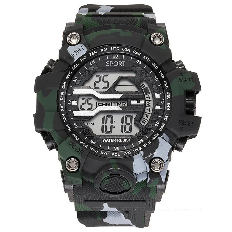 Men's sports watch with large dial, waterproof to 10m, digital display, available in blue