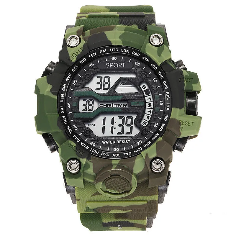 Men's sports watch with large dial, waterproof to 10m, digital display, available in blue