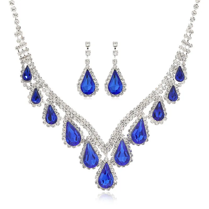 Royal Blue White K alloy jewellery set with a regular chain necklace and earrings on display