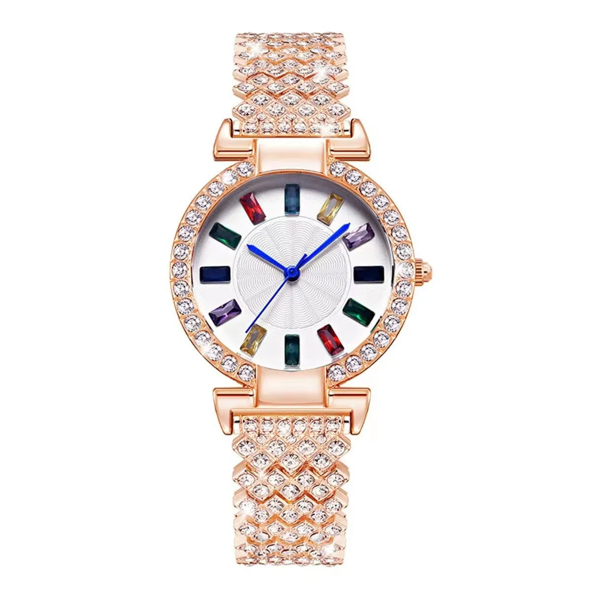 Gold quartz bracelet watch with round dial and alloy band on white background