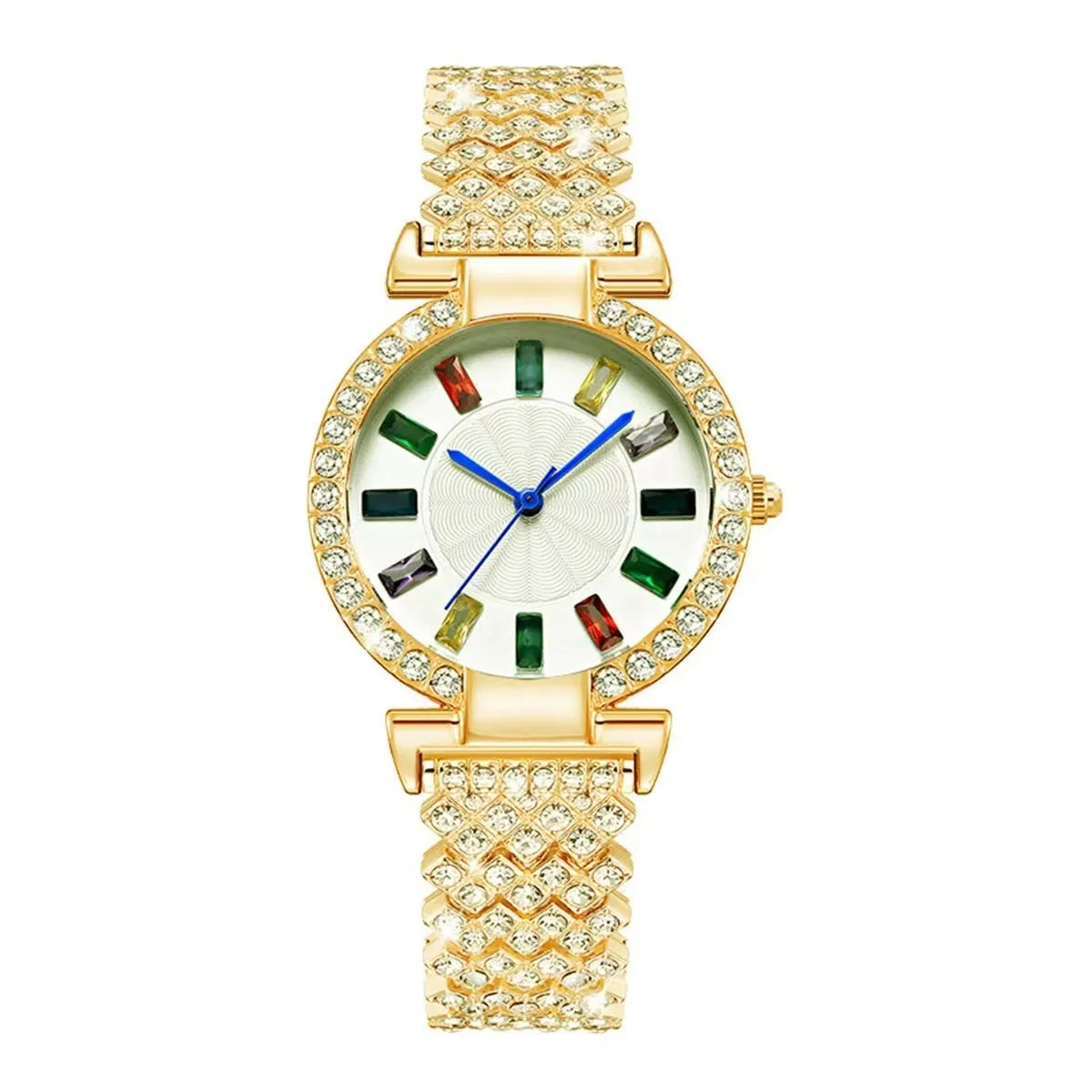 Gold quartz bracelet watch with round dial and alloy band on white background