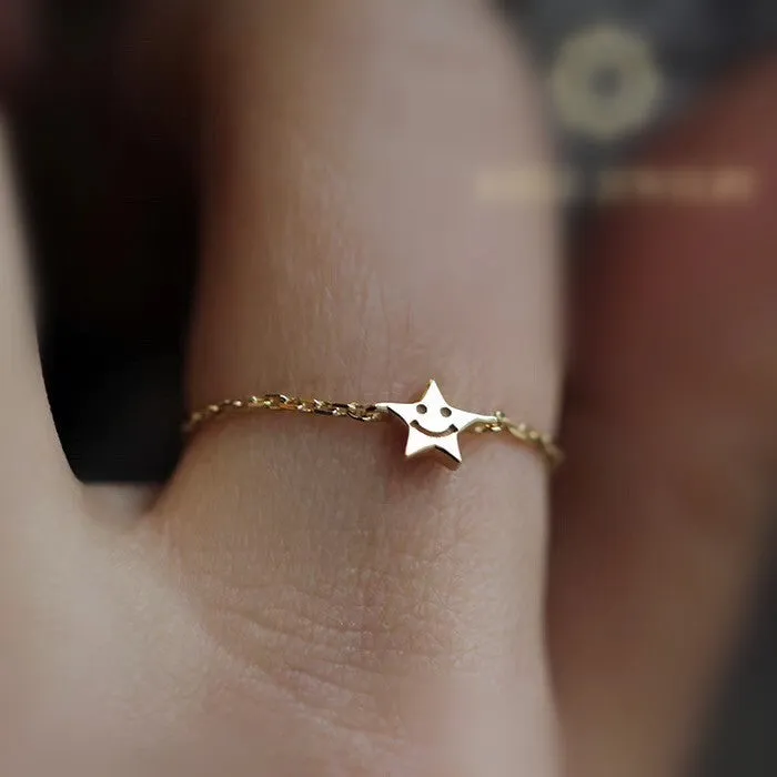 18K yellow gold adjustable star ring with two diamonds on hand, women's light luxury design