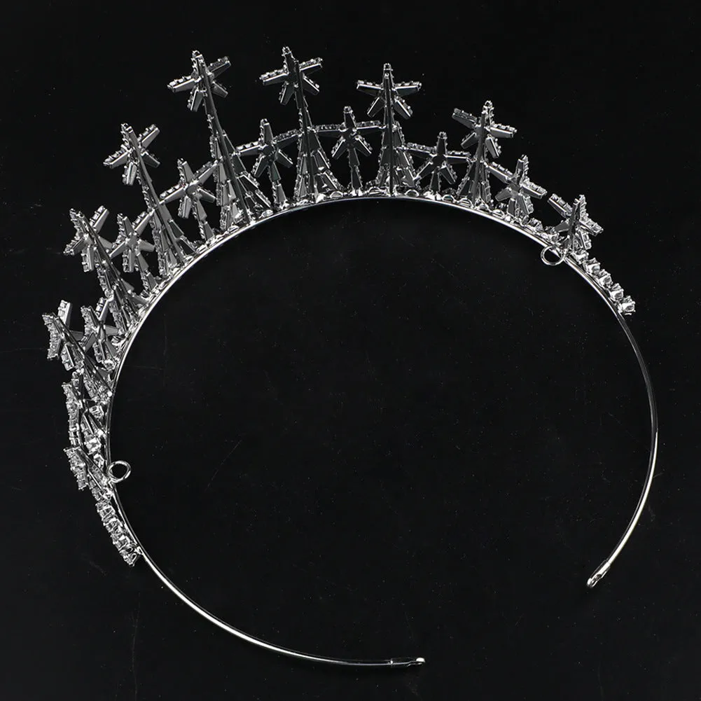 Copper bridal crown with zircon accents in gold finish on a stand