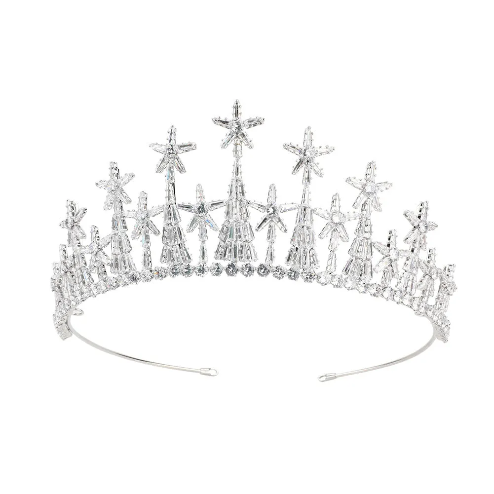 Copper bridal crown with zircon accents in gold finish on a stand