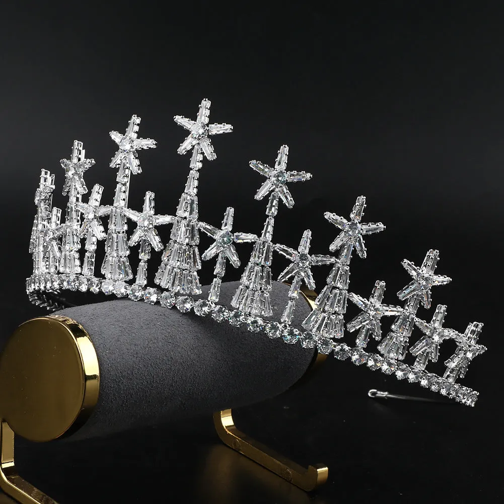 Copper bridal crown with zircon accents in gold finish on a stand