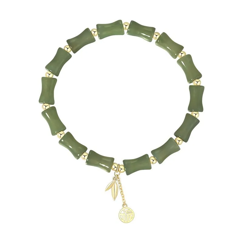 Chinese style bamboo Hetian jade bracelet and necklace set with bamboo joint design