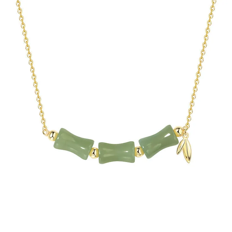 Chinese style bamboo Hetian jade bracelet and necklace set with bamboo joint design