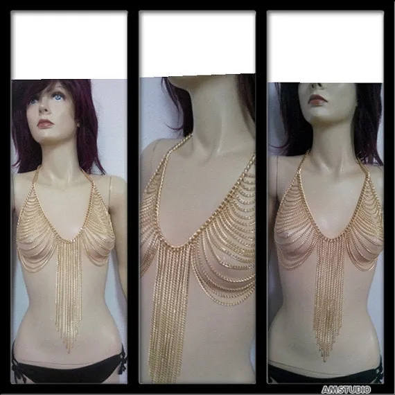 Gold alloy chest chain tassel body chain with electroplated geometric design for women