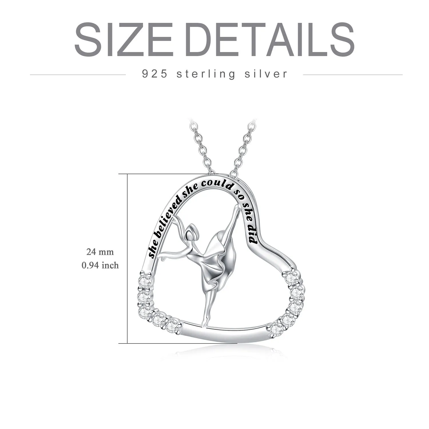 925 sterling silver heart ballerina dancer pendant necklace with cubic zirconia stone on white background