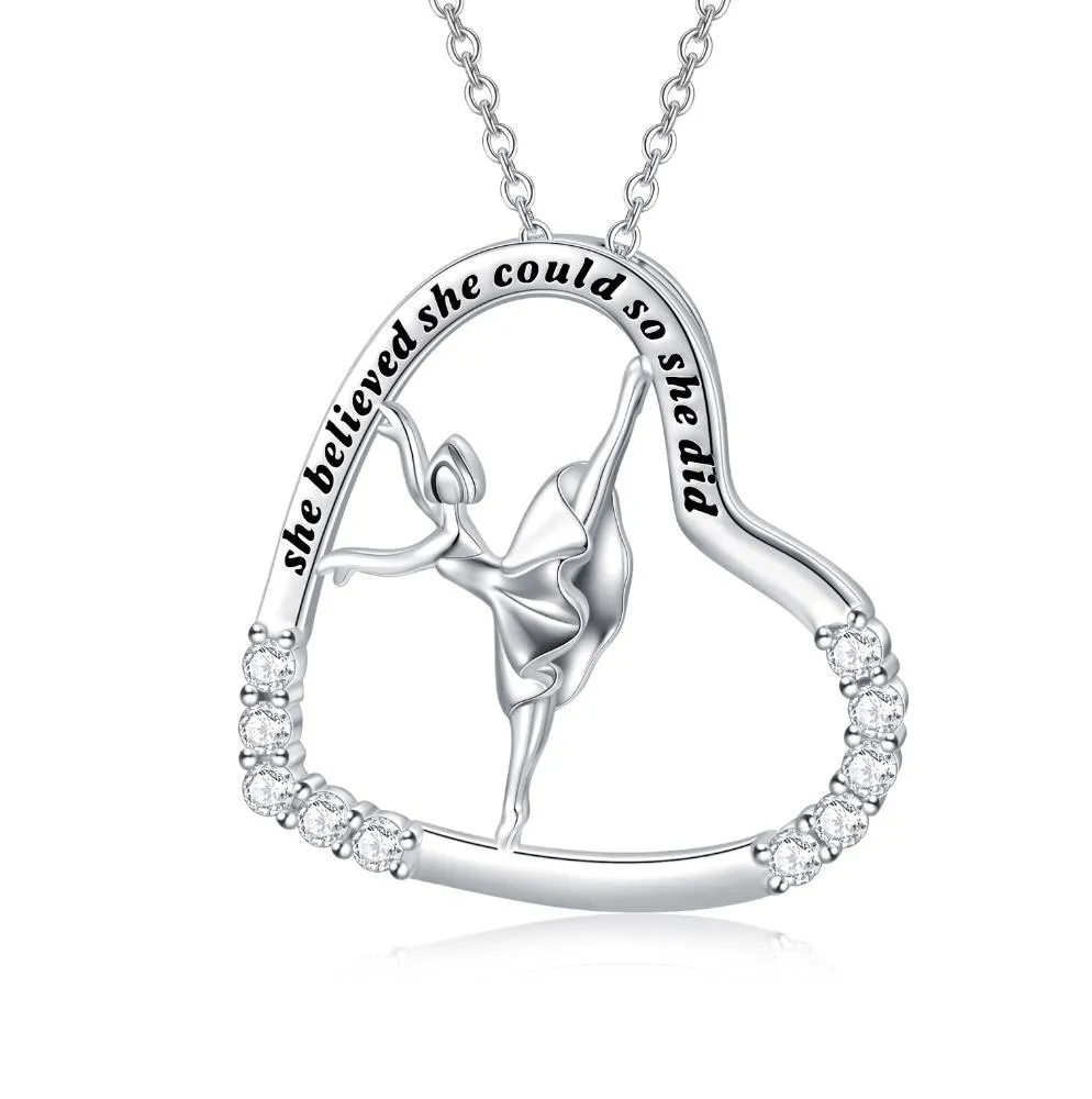 925 sterling silver heart ballerina dancer pendant necklace with cubic zirconia stone on white background