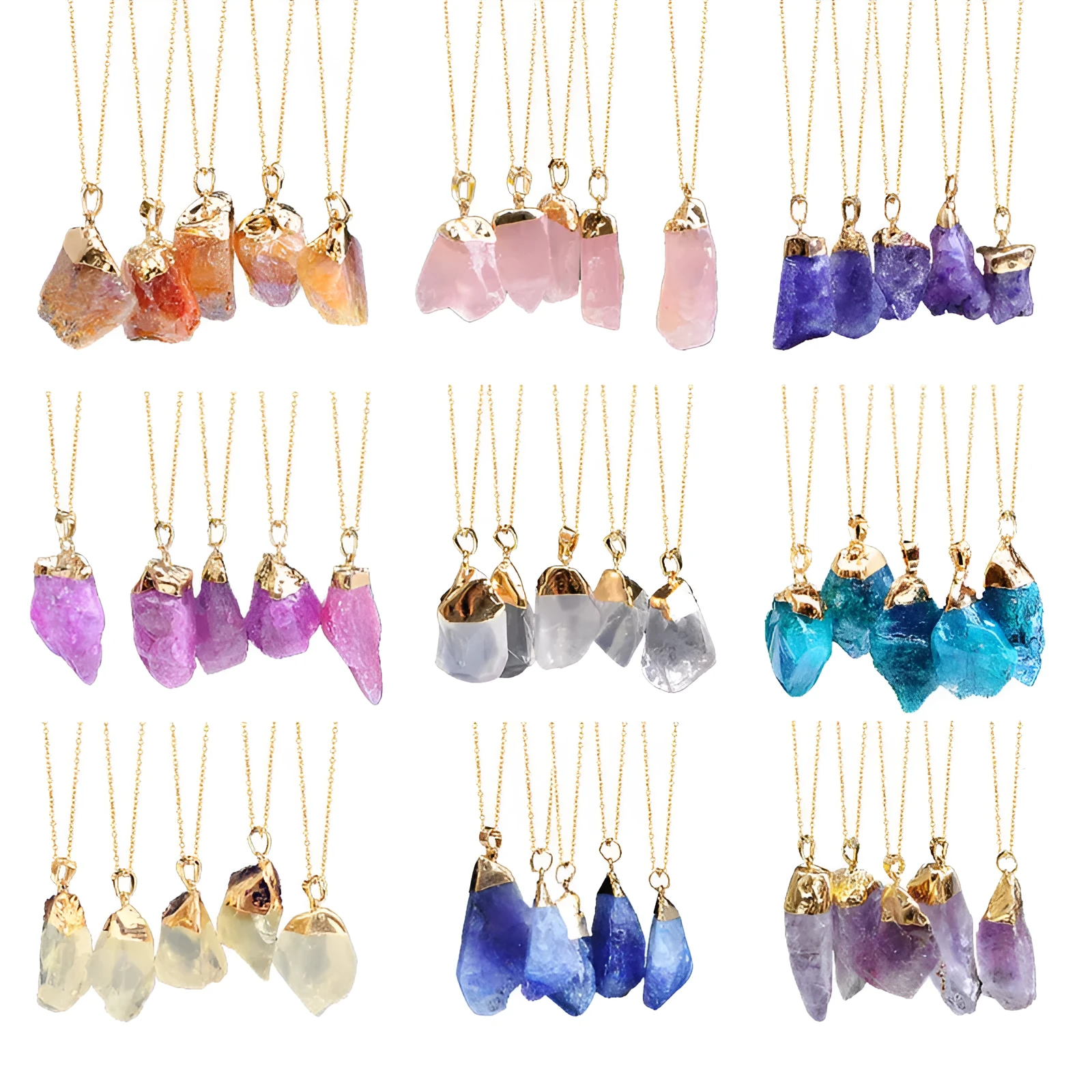 Crystal pendant necklace with natural stone and dyeing finish on adjustable chain