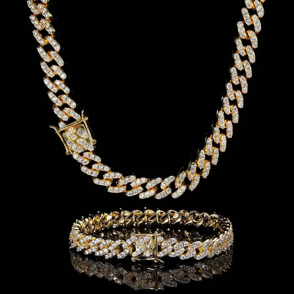 Single row Cuban chain bracelet with AAA zircon set in copper, 9mm width, gold colour, on plain background