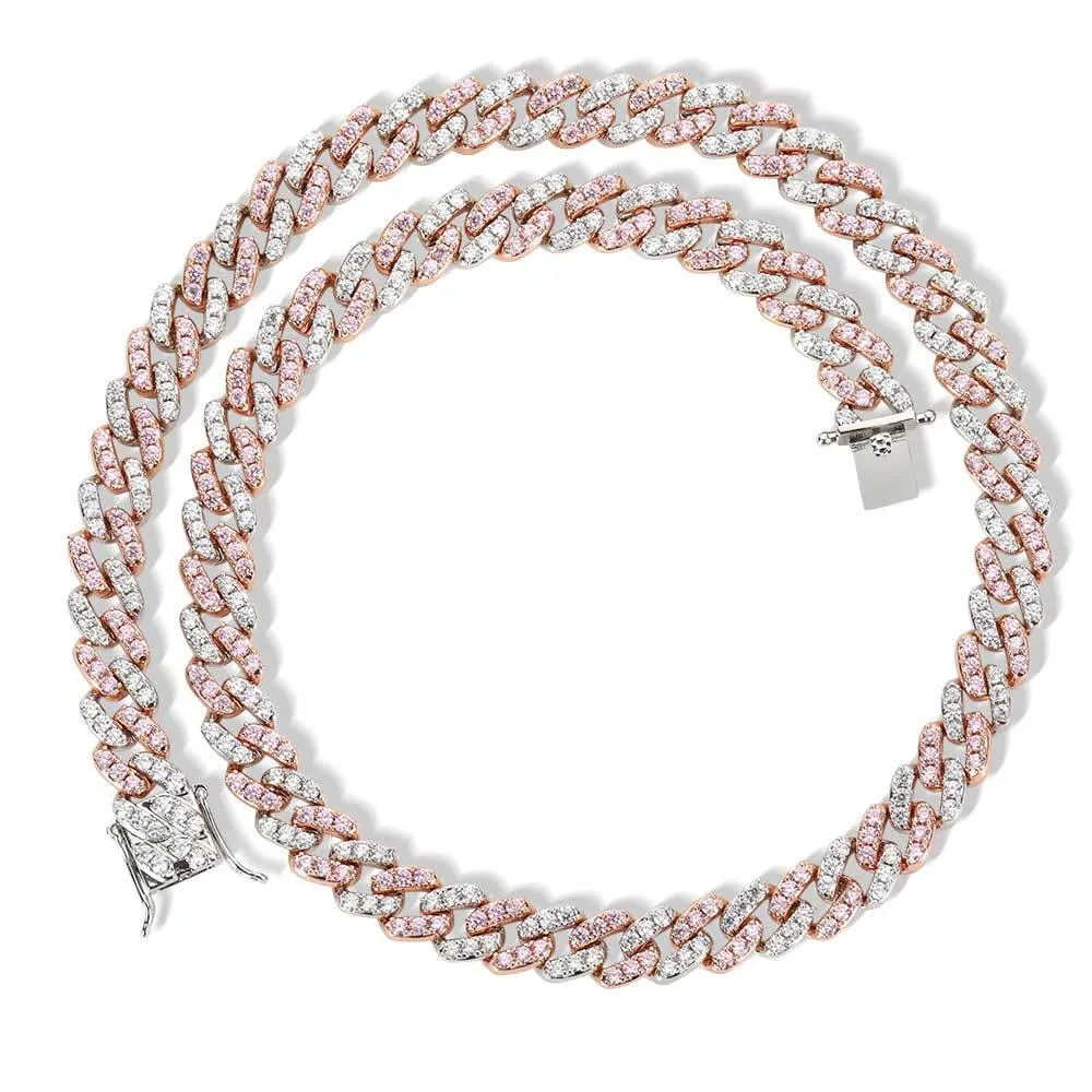Single row Cuban chain bracelet with AAA zircon set in copper, 9mm width, gold colour, on plain background