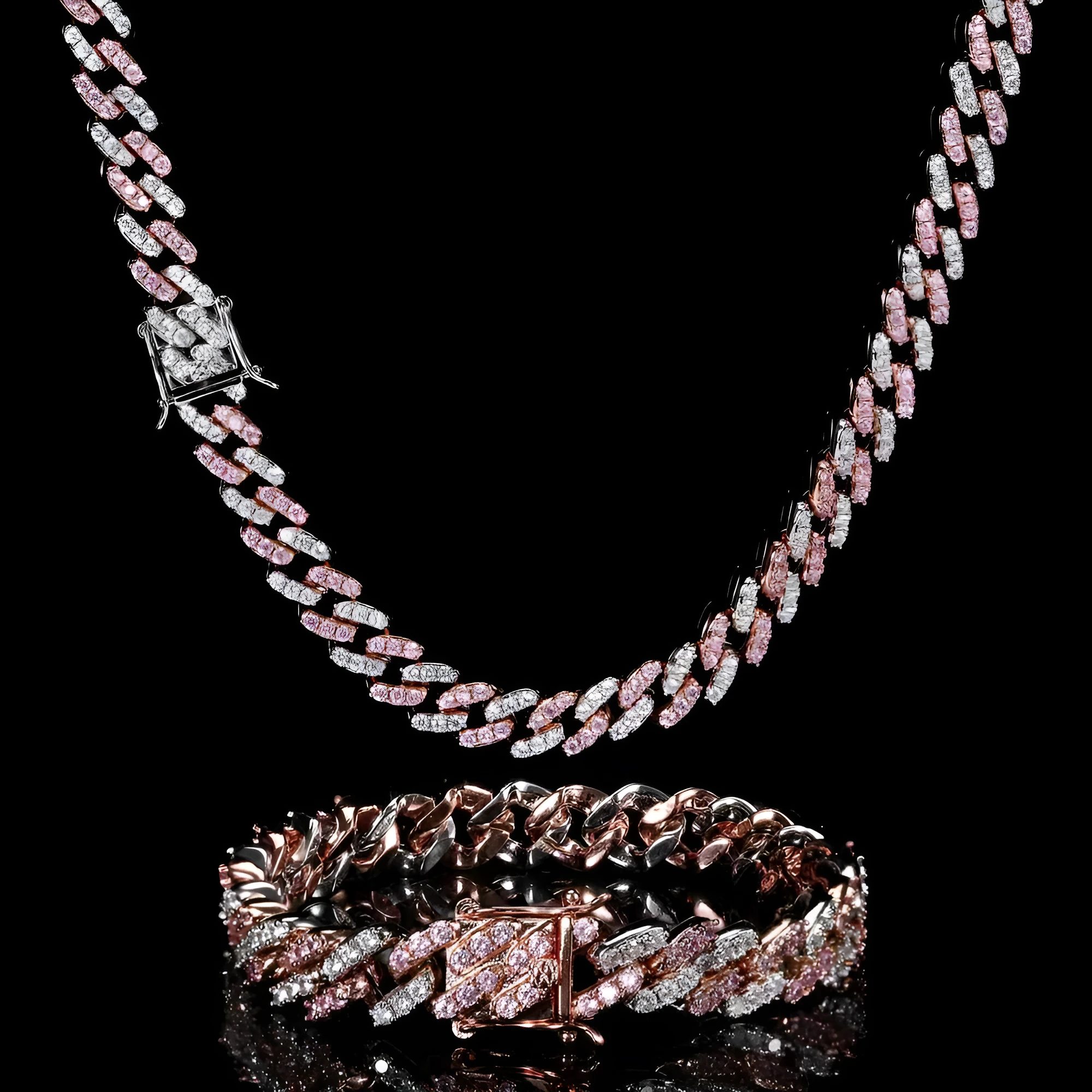 Single row Cuban chain bracelet with AAA zircon set in copper, 9mm width, gold colour, on plain background