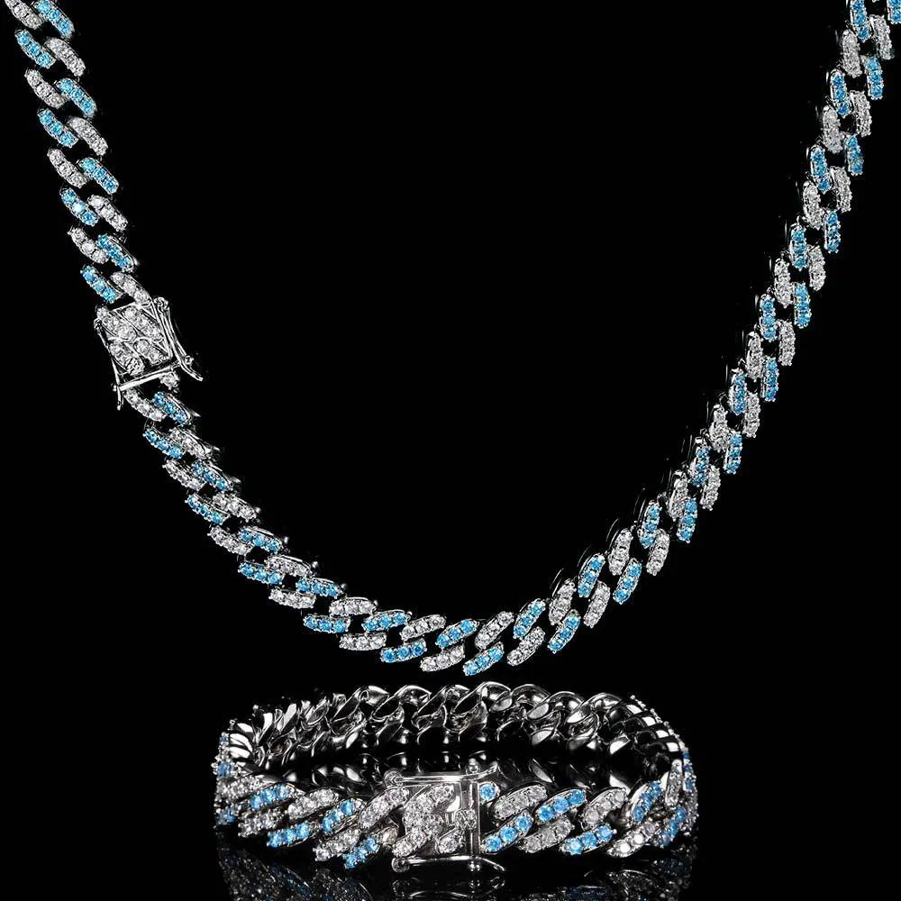 Single row Cuban chain bracelet with AAA zircon set in copper, 9mm width, gold colour, on plain background