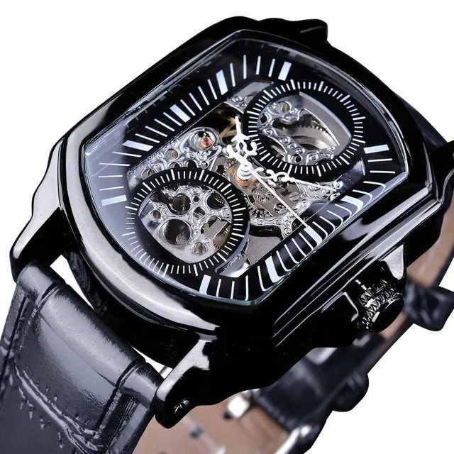Men's casual automatic square hollow mechanical watch with mineral glass mirror, black shell with black noodles, 45x39mm dial