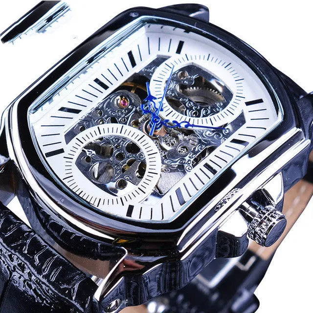 Men's casual automatic square hollow mechanical watch with mineral glass mirror, black shell with black noodles, 45x39mm dial