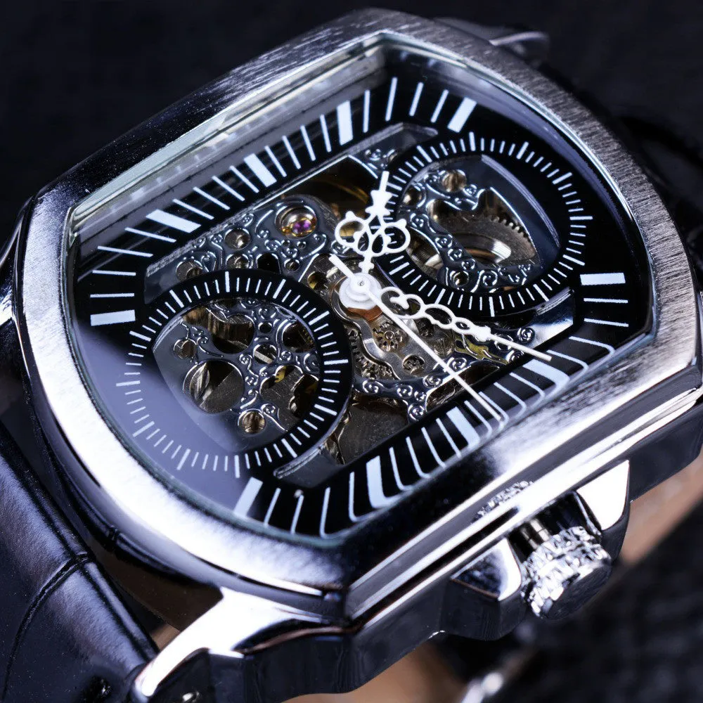 Men's casual automatic square hollow mechanical watch with mineral glass mirror, black shell with black noodles, 45x39mm dial