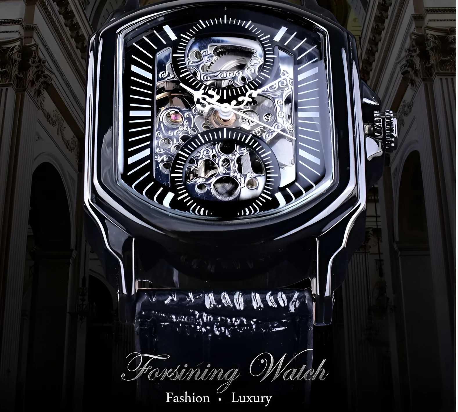 Men's casual automatic square hollow mechanical watch with mineral glass mirror, black shell with black noodles, 45x39mm dial