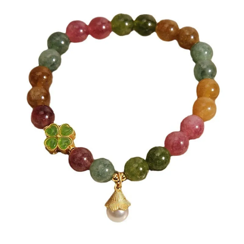 Women's tourmaline bracelet with four-leaf clover pearl pendant and geometric drop-shaped elements