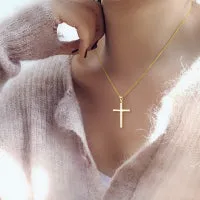 Sterling silver cross pendant necklace with yellow gold plating on 18 inch cable chain