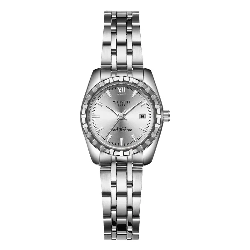 Couple watch with steel band, 28mm dial, luminous hands, calendar, and 30-metre water resistance in silver finish.