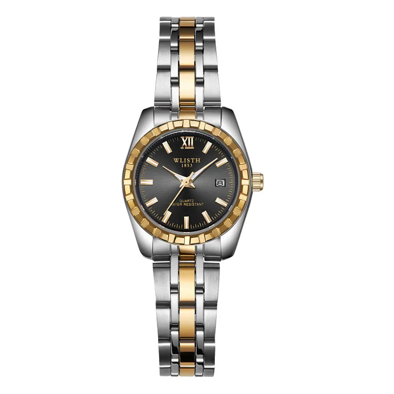 Couple watch with steel band, 28mm dial, luminous hands, calendar, and 30-metre water resistance in silver finish.