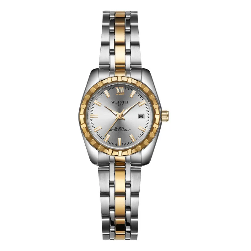 Couple watch with steel band, 28mm dial, luminous hands, calendar, and 30-metre water resistance in silver finish.