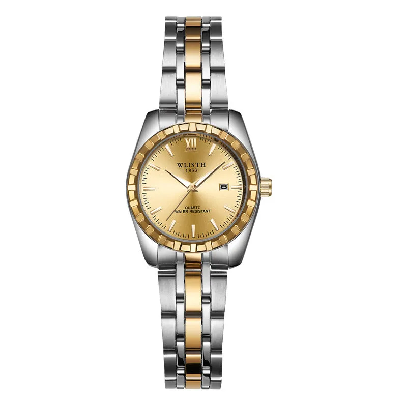 Couple watch with steel band, 28mm dial, luminous hands, calendar, and 30-metre water resistance in silver finish.