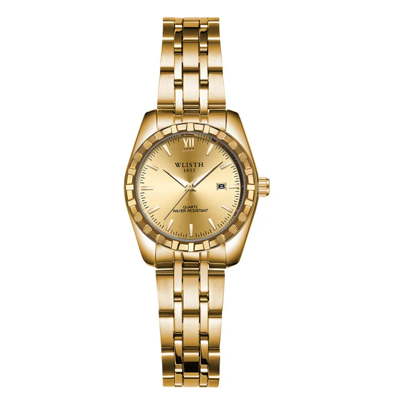 Couple watch with steel band, 28mm dial, luminous hands, calendar, and 30-metre water resistance in silver finish.