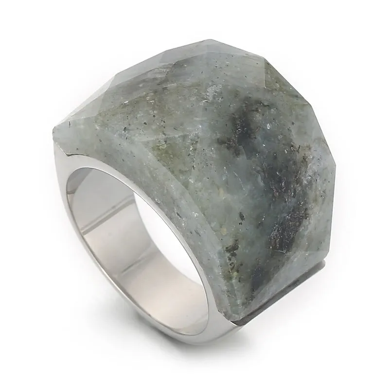 Women's geometric stainless steel natural stone ring with 17mm width in electroplated finish