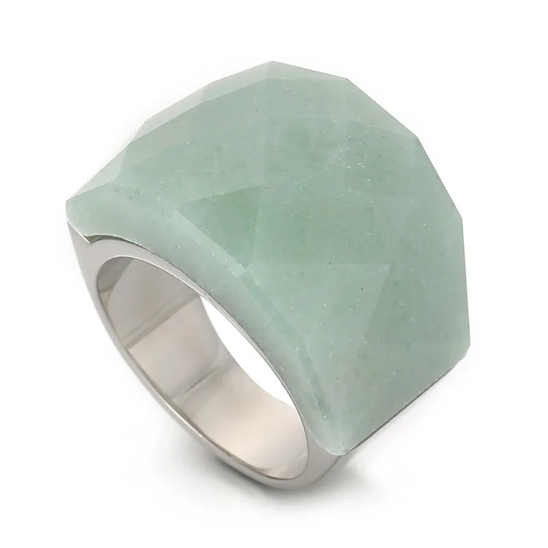 Women's geometric stainless steel natural stone ring with 17mm width in electroplated finish