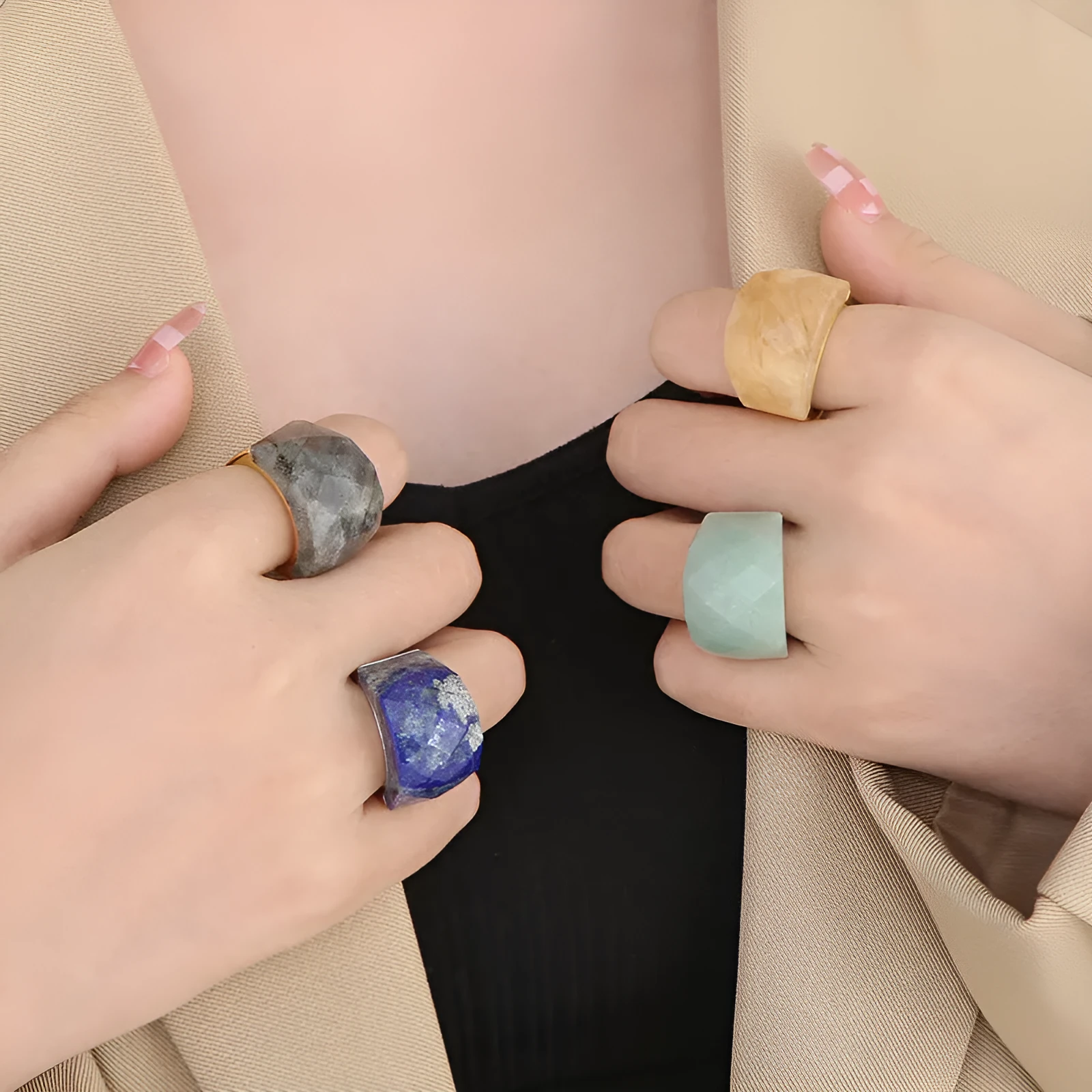 Women's geometric stainless steel natural stone ring with 17mm width in electroplated finish