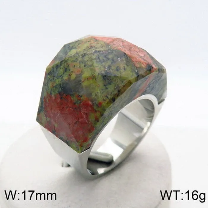 Women's geometric stainless steel natural stone ring with 17mm width in electroplated finish