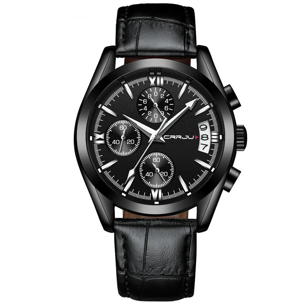 Men's multi-functional quartz watch with black shell and rose gold hands on a brown leather strap