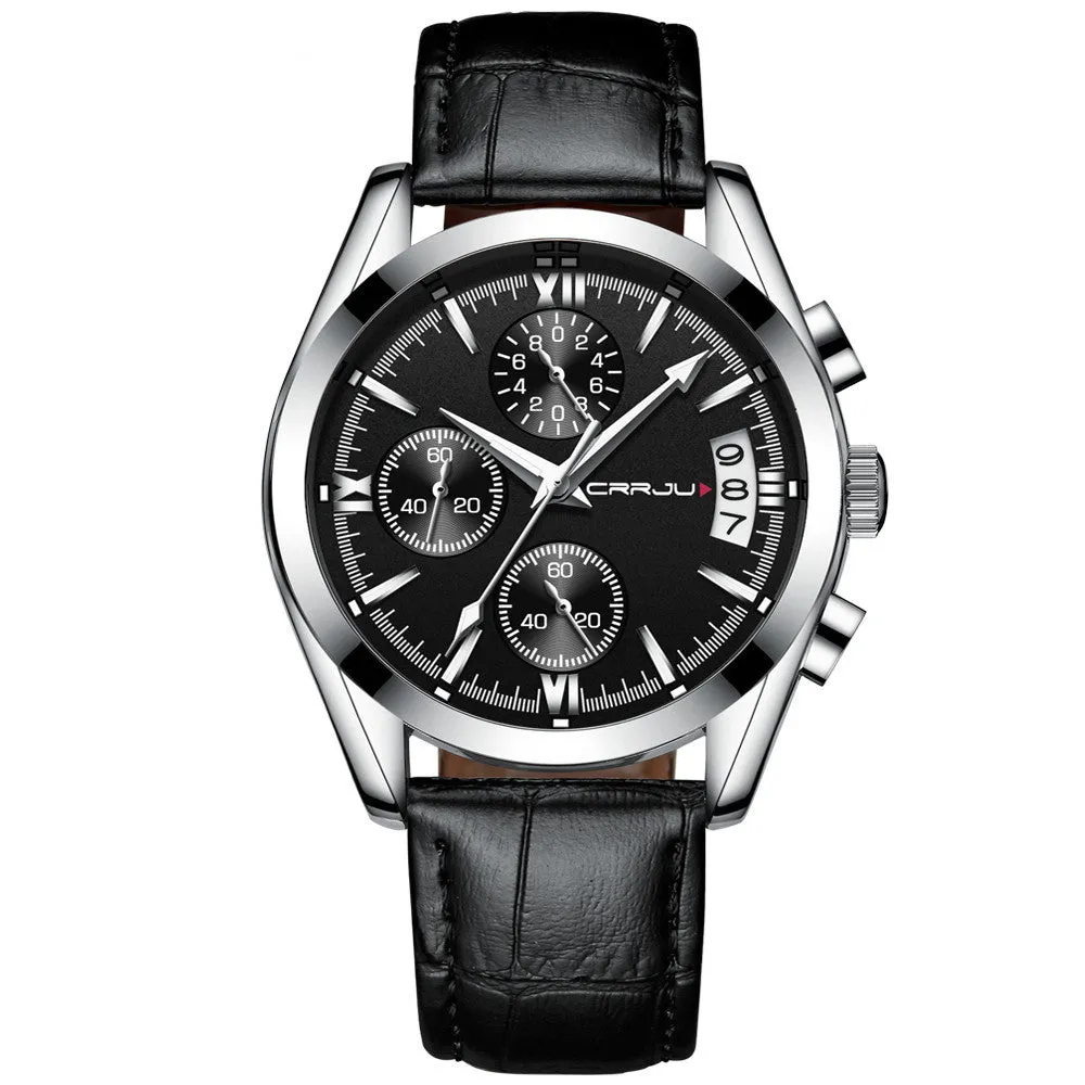 Men's multi-functional quartz watch with black shell and rose gold hands on a brown leather strap