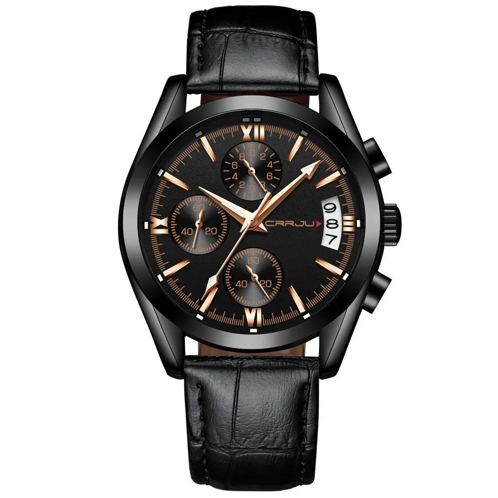 Men's multi-functional quartz watch with black shell and rose gold hands on a brown leather strap