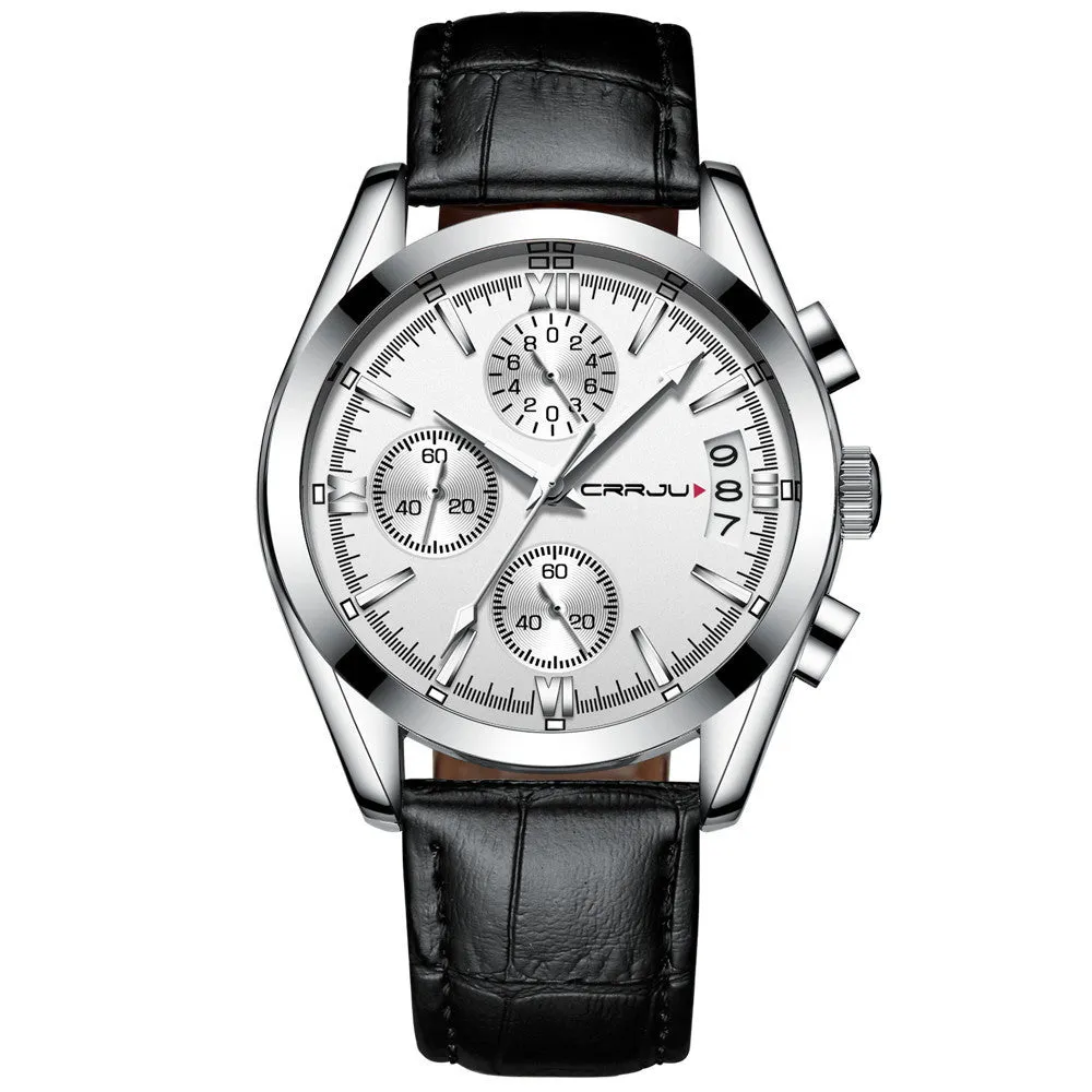 Men's multi-functional quartz watch with black shell and rose gold hands on a brown leather strap