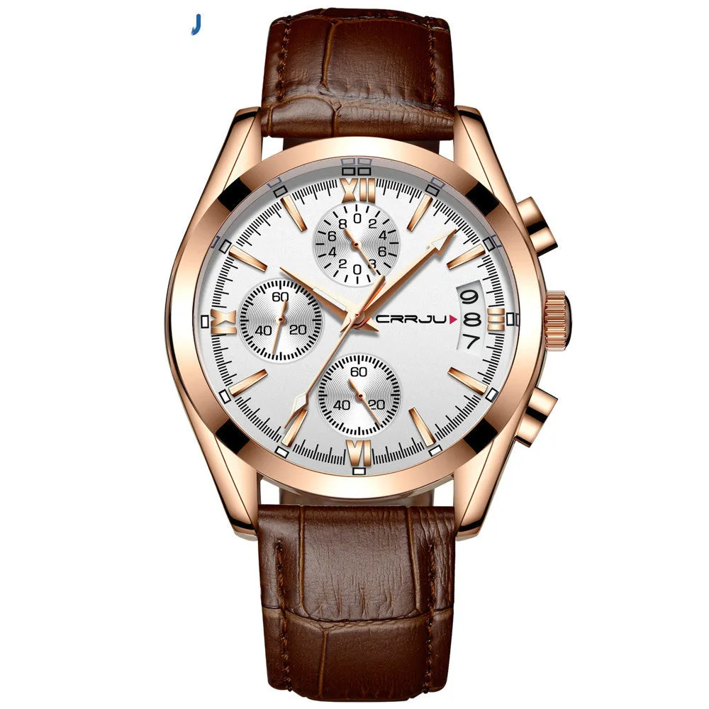 Men's multi-functional quartz watch with black shell and rose gold hands on a brown leather strap