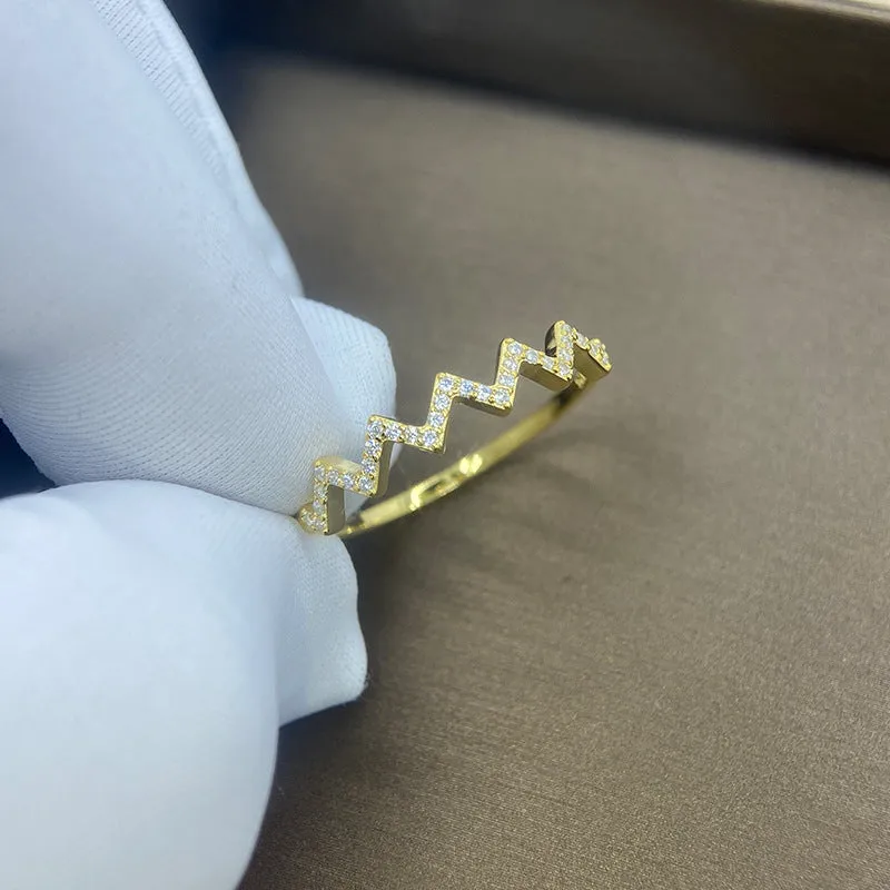 Wave pattern zircon inlaid ring in 925 silver, adjustable opening, gold colour finish, geometric wavy design
