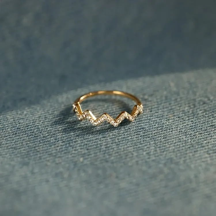 Wave pattern zircon inlaid ring in 925 silver, adjustable opening, gold colour finish, geometric wavy design