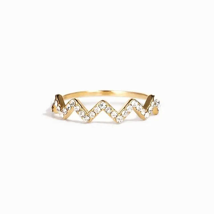 Wave pattern zircon inlaid ring in 925 silver, adjustable opening, gold colour finish, geometric wavy design