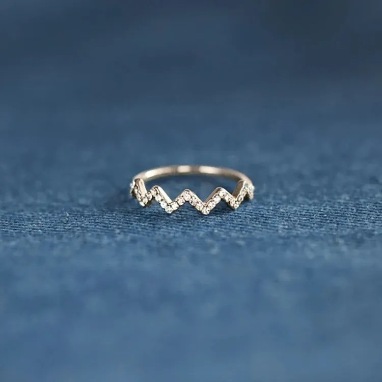 Wave pattern zircon inlaid ring in 925 silver, adjustable opening, gold colour finish, geometric wavy design
