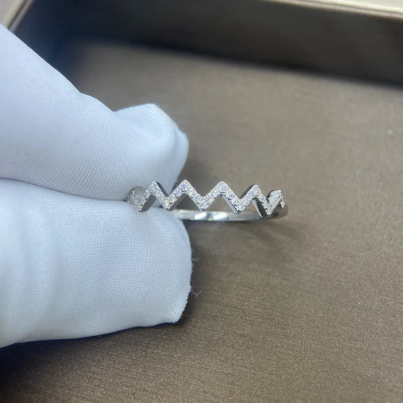 Wave pattern zircon inlaid ring in 925 silver, adjustable opening, gold colour finish, geometric wavy design