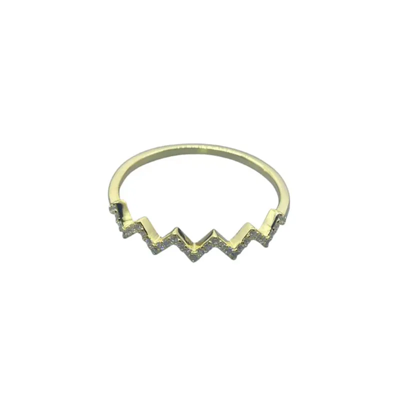 Wave pattern zircon inlaid ring in 925 silver, adjustable opening, gold colour finish, geometric wavy design