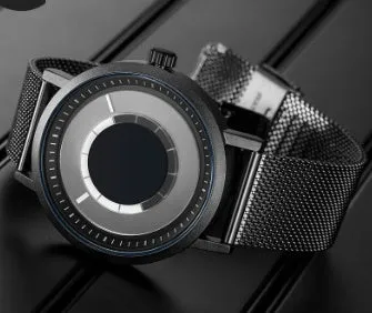 Pointerless liquid watch for men with round alloy case, stainless steel strap, and black dial